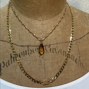 Double Chain Gold Yellow Drop Crystal Charm Adjustable‎ Necklace NWT